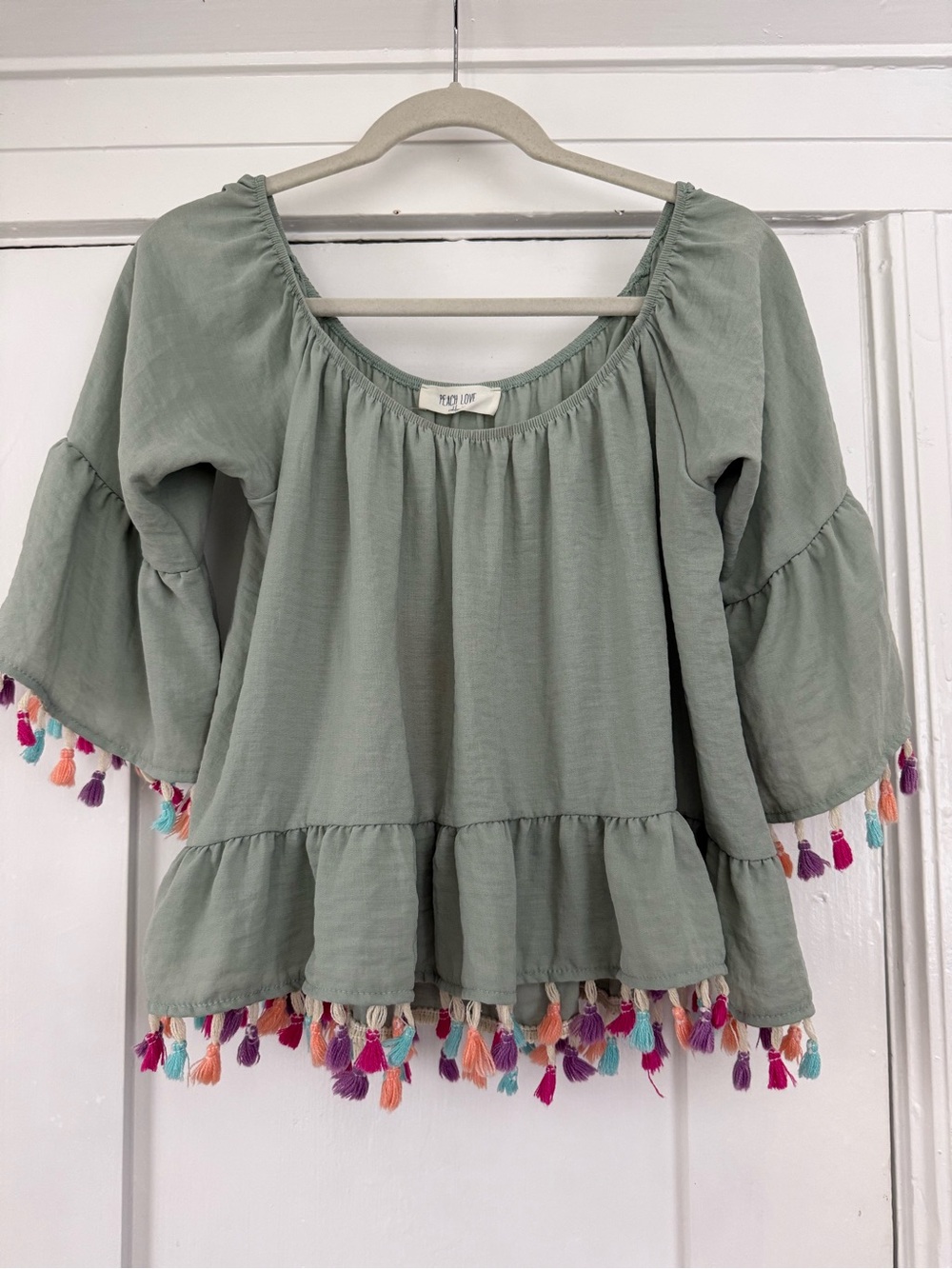 Peach Love California Off the Shoulder Tassel Top